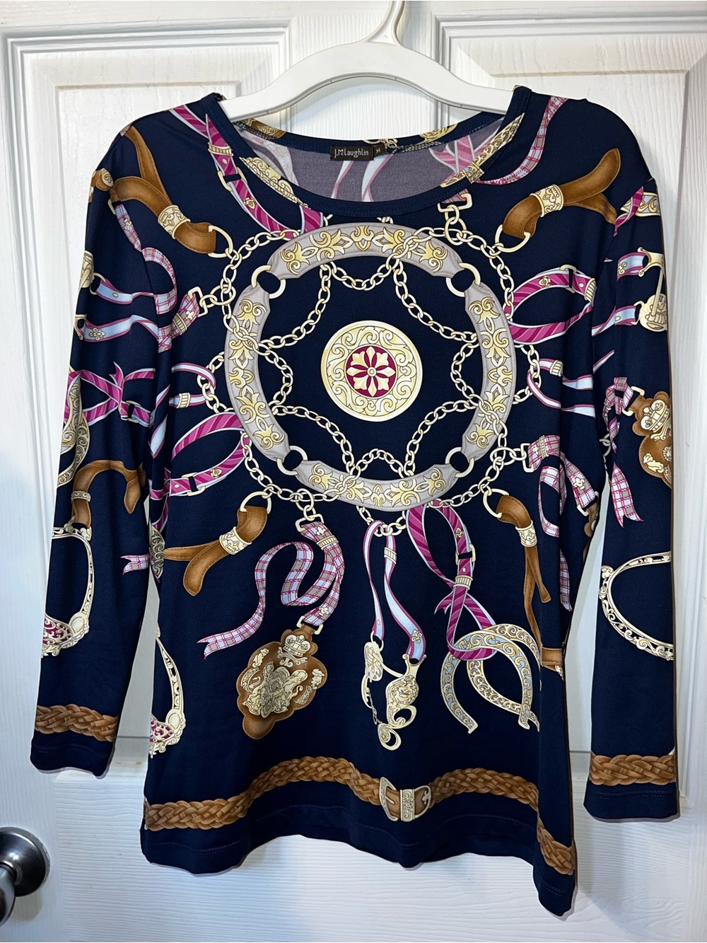 J. McLaughlin Catalina Cloth Equestrian Chain Link Print Top Navy Pink Gold M